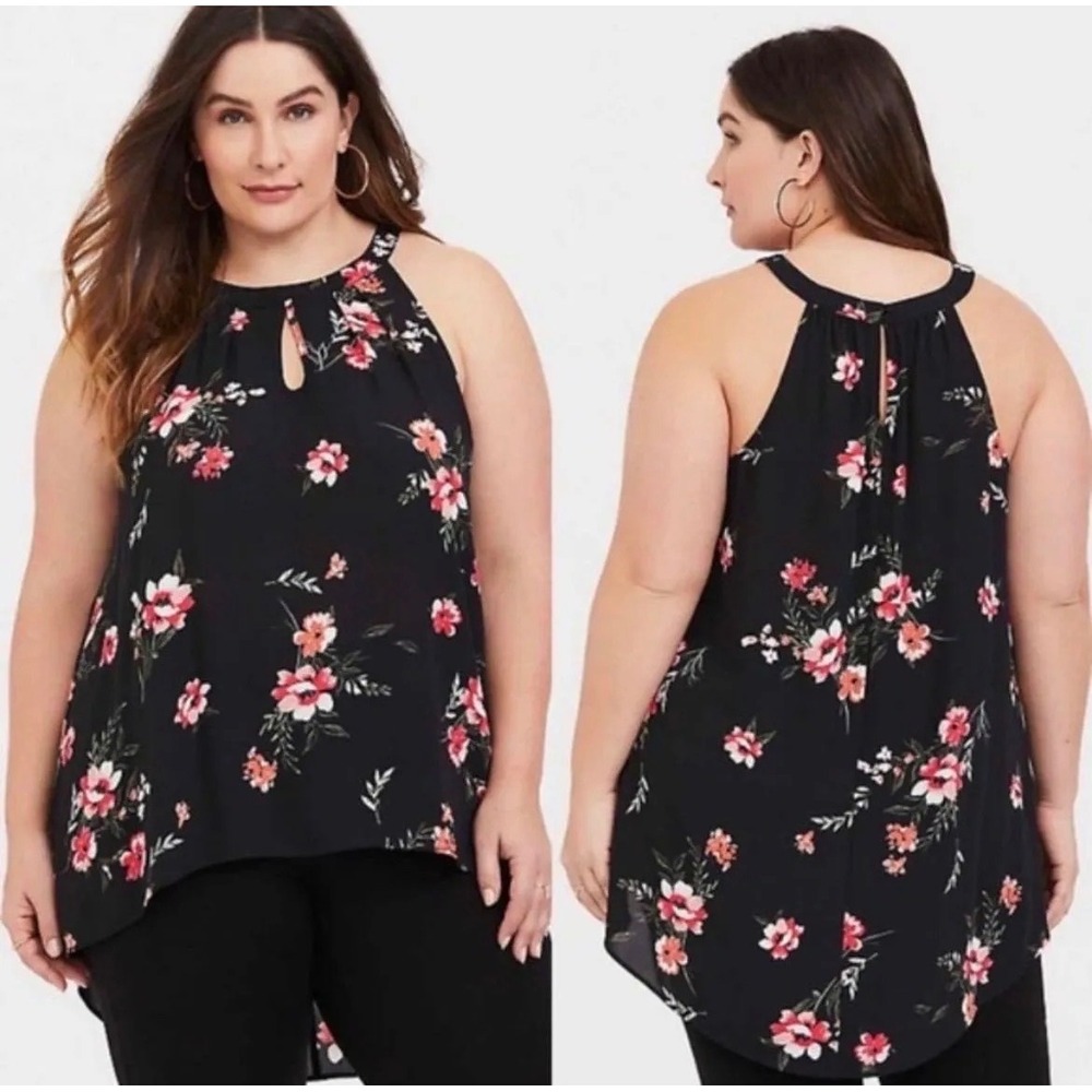 Torrid Black Floral Georgette Halter Top Keyhole High Low Blouse Womens Size 1X